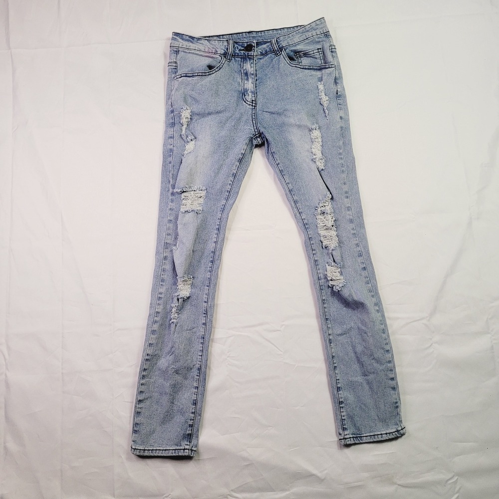 SHEIN Men's Distressed Slim Fit Jeans 28x30 Light Wash Blue Ripped Denim K86